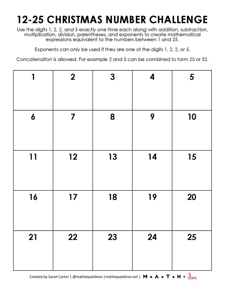screenshot of 12-25 christmas number challenge puzzle 