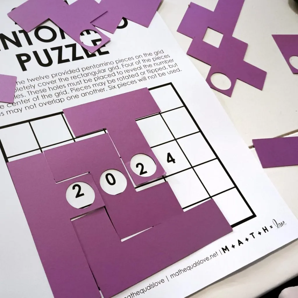 partially solved copy of 2024 pentomino puzzle. 