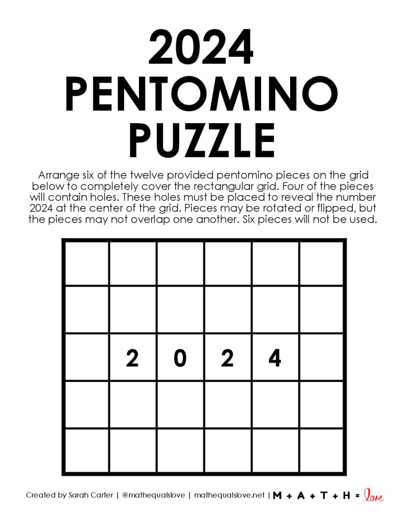 screenshot of 2024 pentomino puzzle board with instructions. 