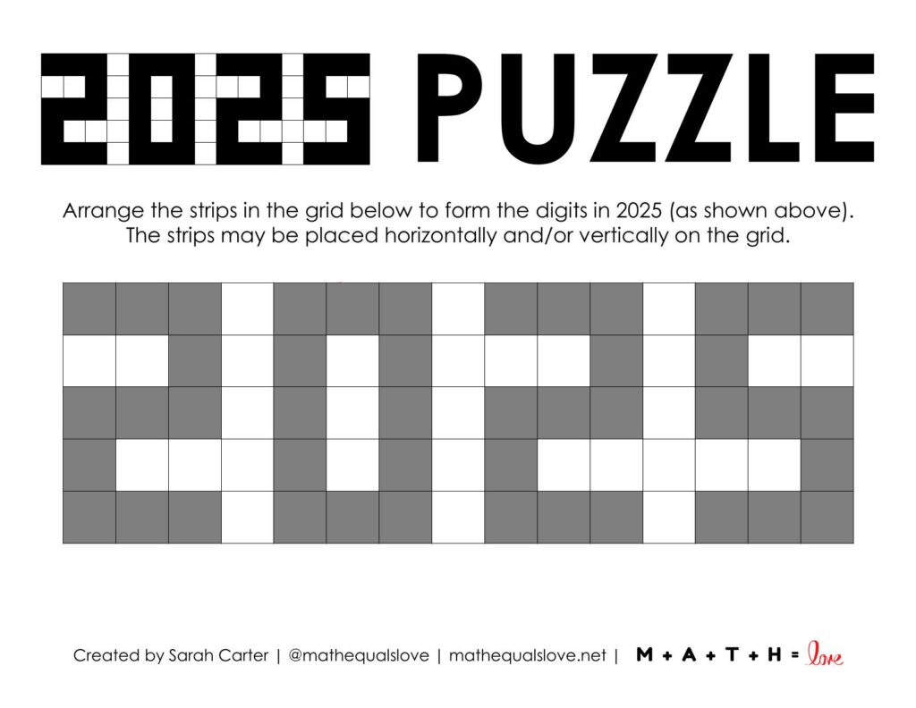 2025 digit grid puzzle with colored in squares. 