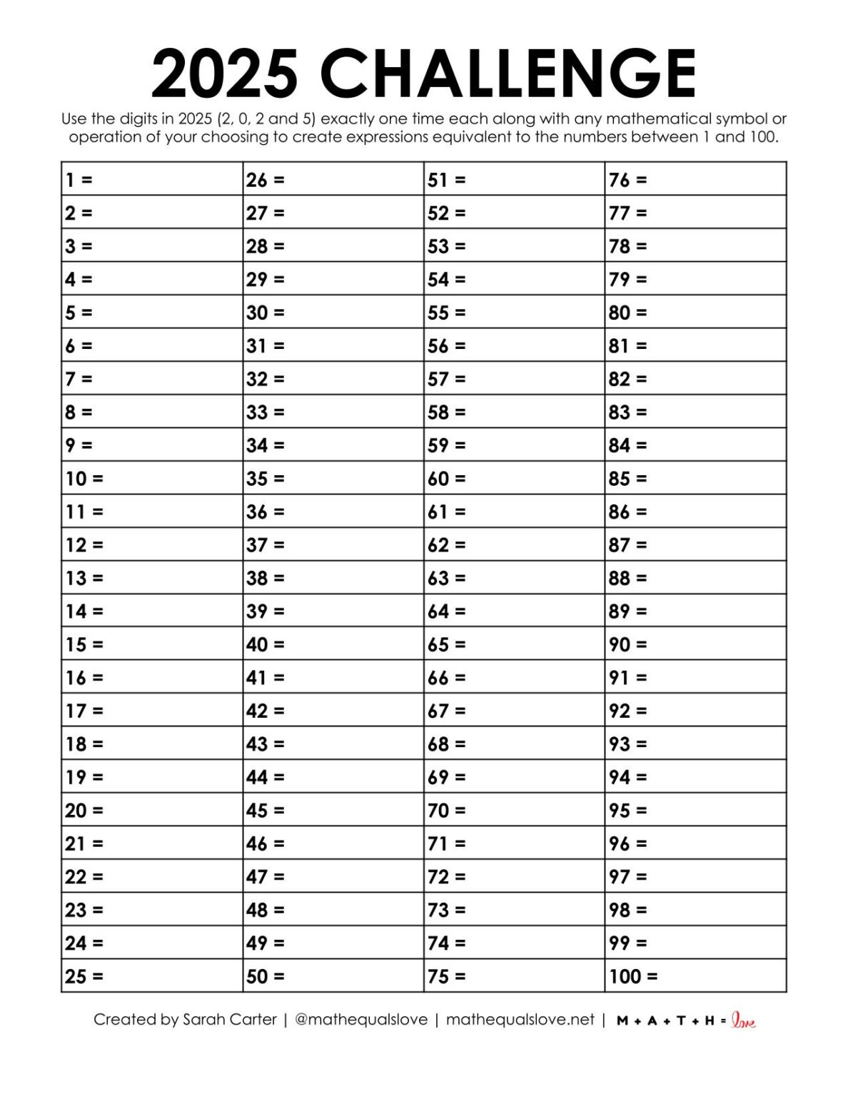 2025 Number Challenge Free Printable PDF 2025 Yearly Number Challenge 1 1188x1536