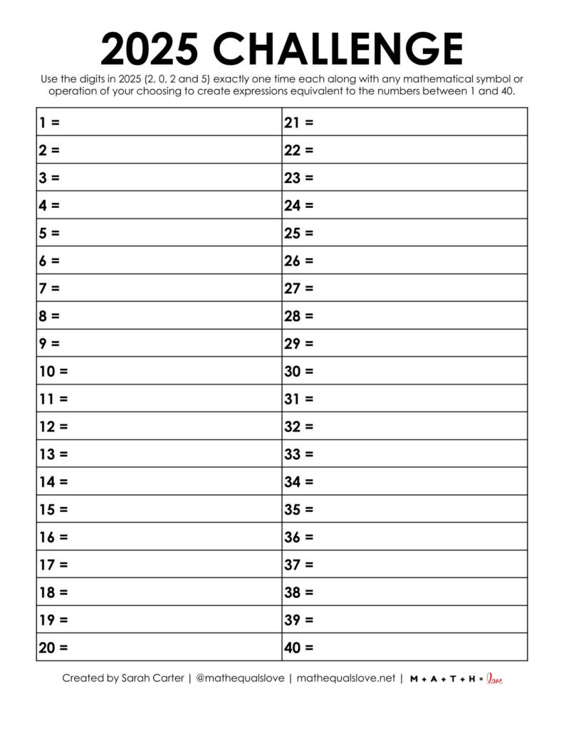 2025 yearly number challenge 1-40 version free printable pdf. 