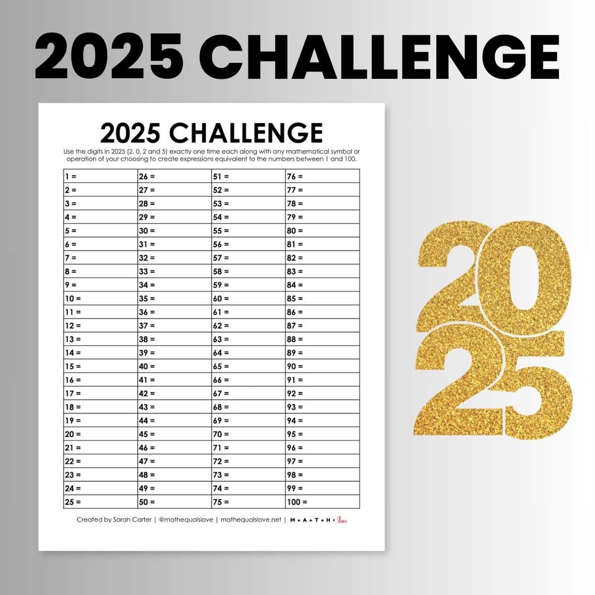 2025 Yearly Number Challenge Printable PDF Activity for New Years.