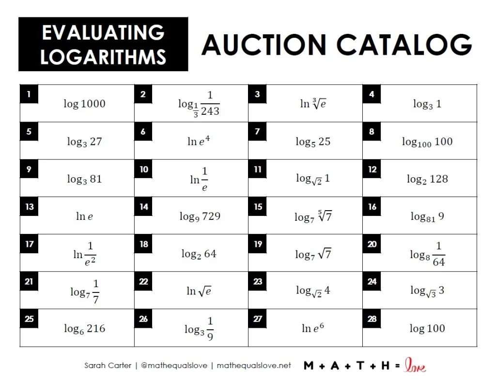 evaluating logarithms auction catalog for activity 
