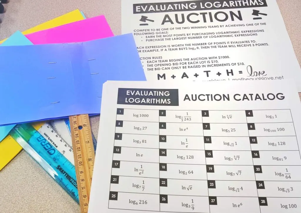 supplies needed for evaluating logarithms auction activity 