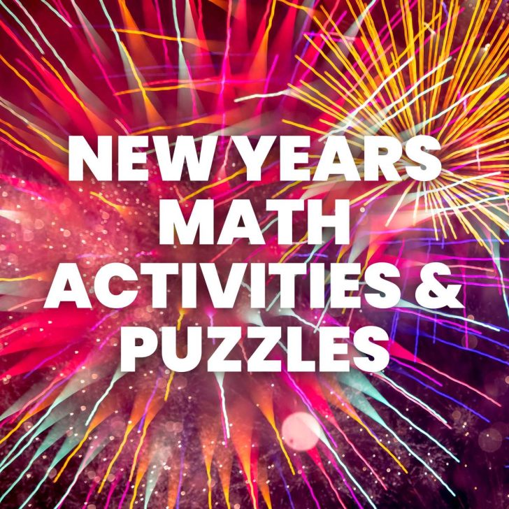 new years math activities and puzzles with photograph of fireworks in background.