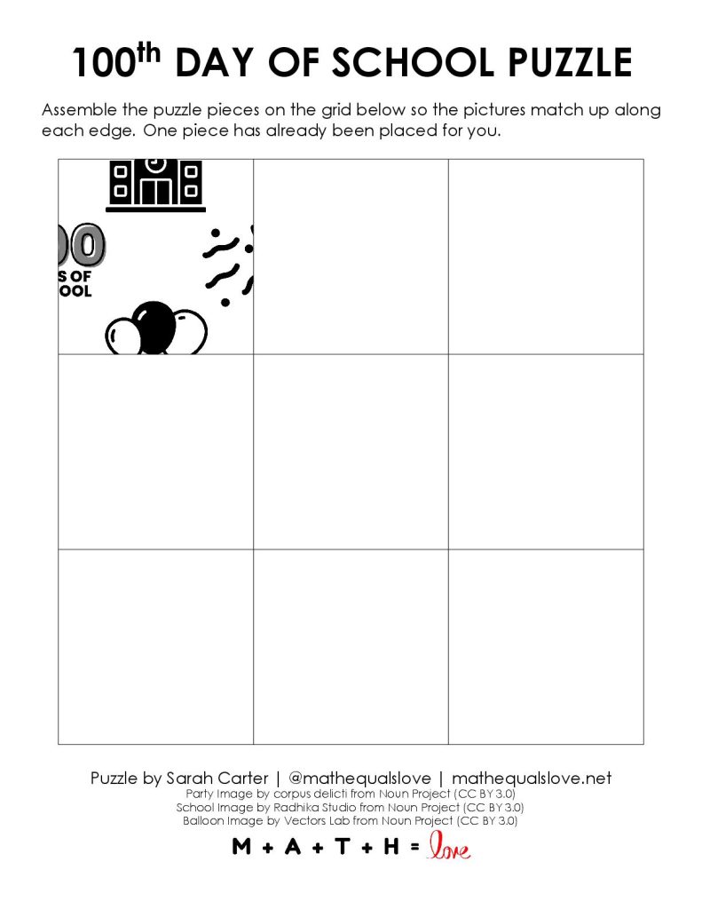 100th day of school puzzle grid template with starting hint. 