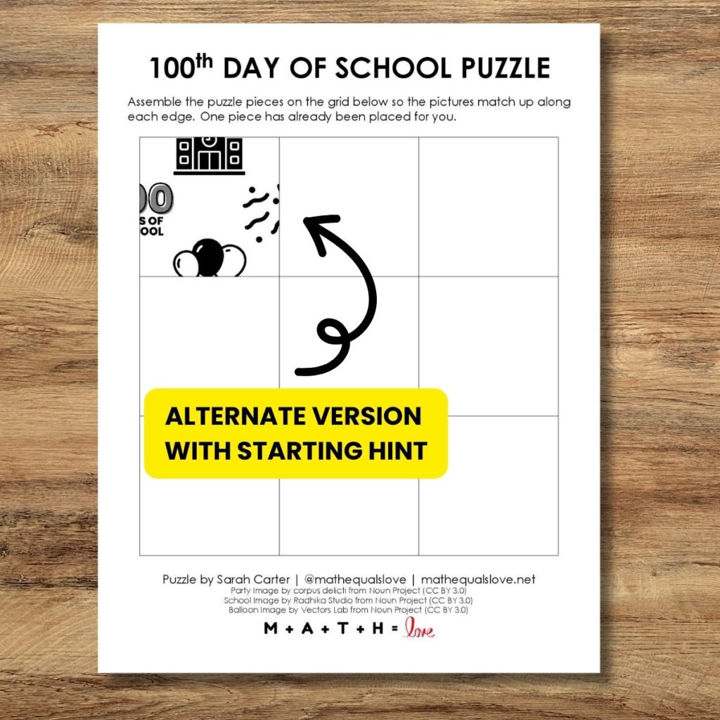 100th day of school puzzle with starting hint. 