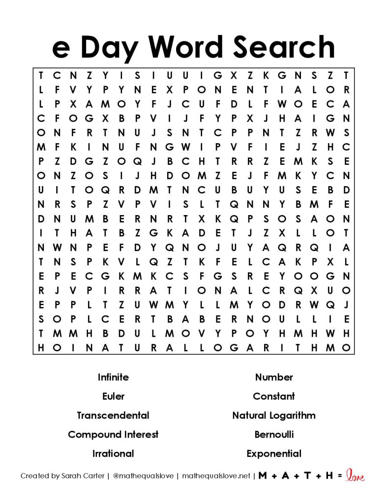 e day word search math puzzle for february 7th. 