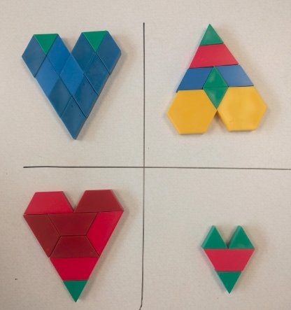 valentine's day wodb puzzle with hearts made from pattern blocks 