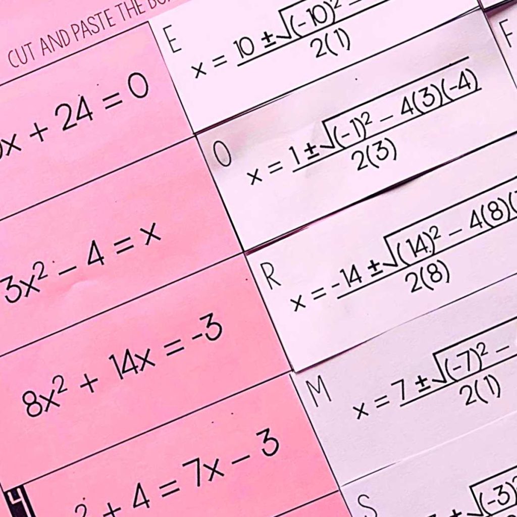 close-up of quadratic formula cut and paste activity from katrina newell