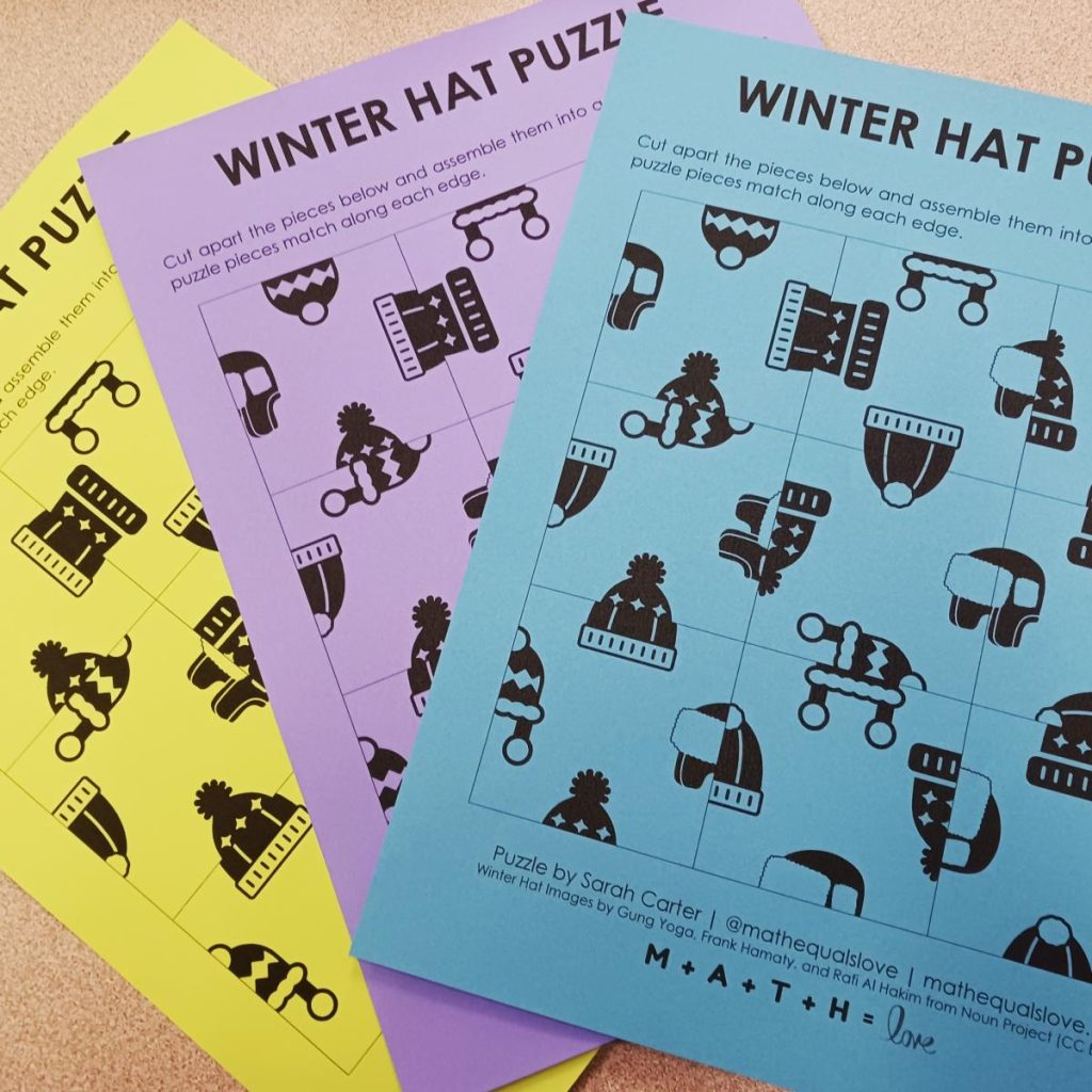 3 copies of winter hat puzzle printed on colored paper. 
