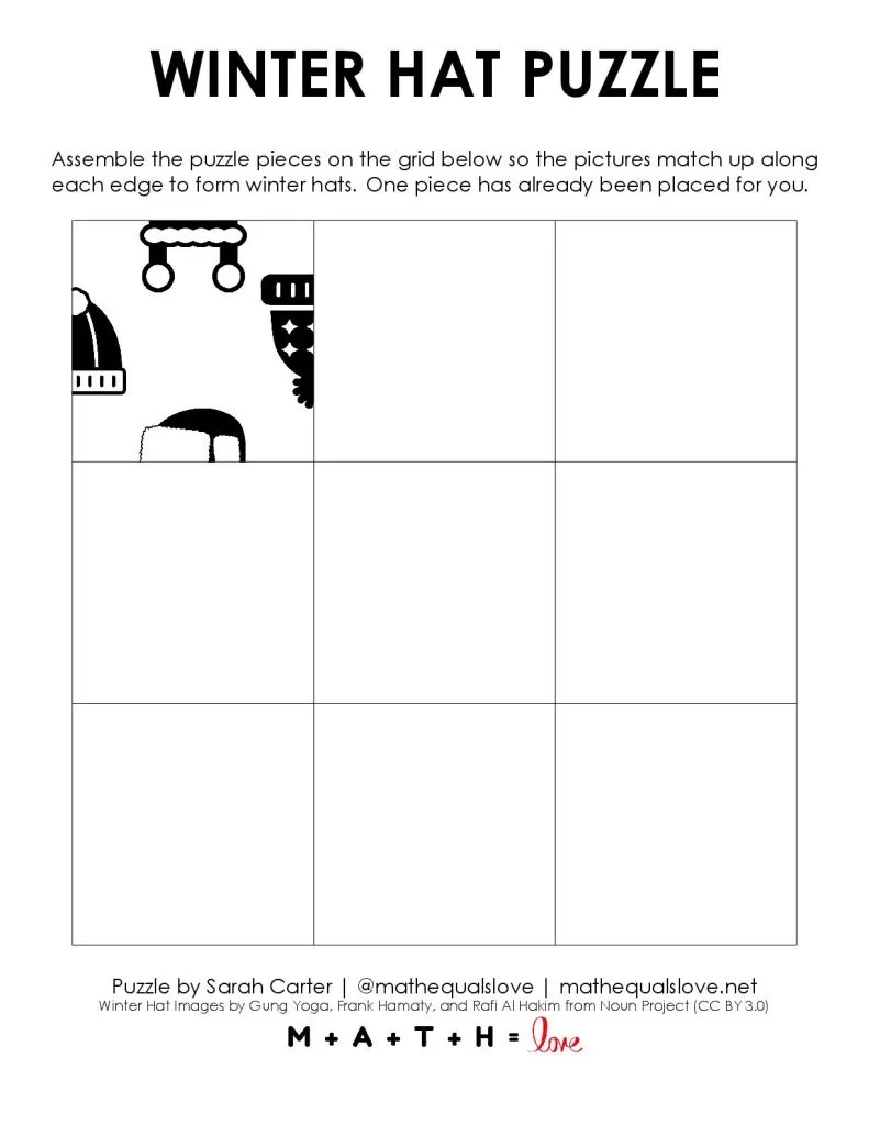 winter hat puzzle grid printable with hint piece included. 