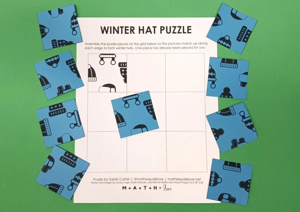 scaffolded version of winter hat puzzle with hint of which piece to start with. 