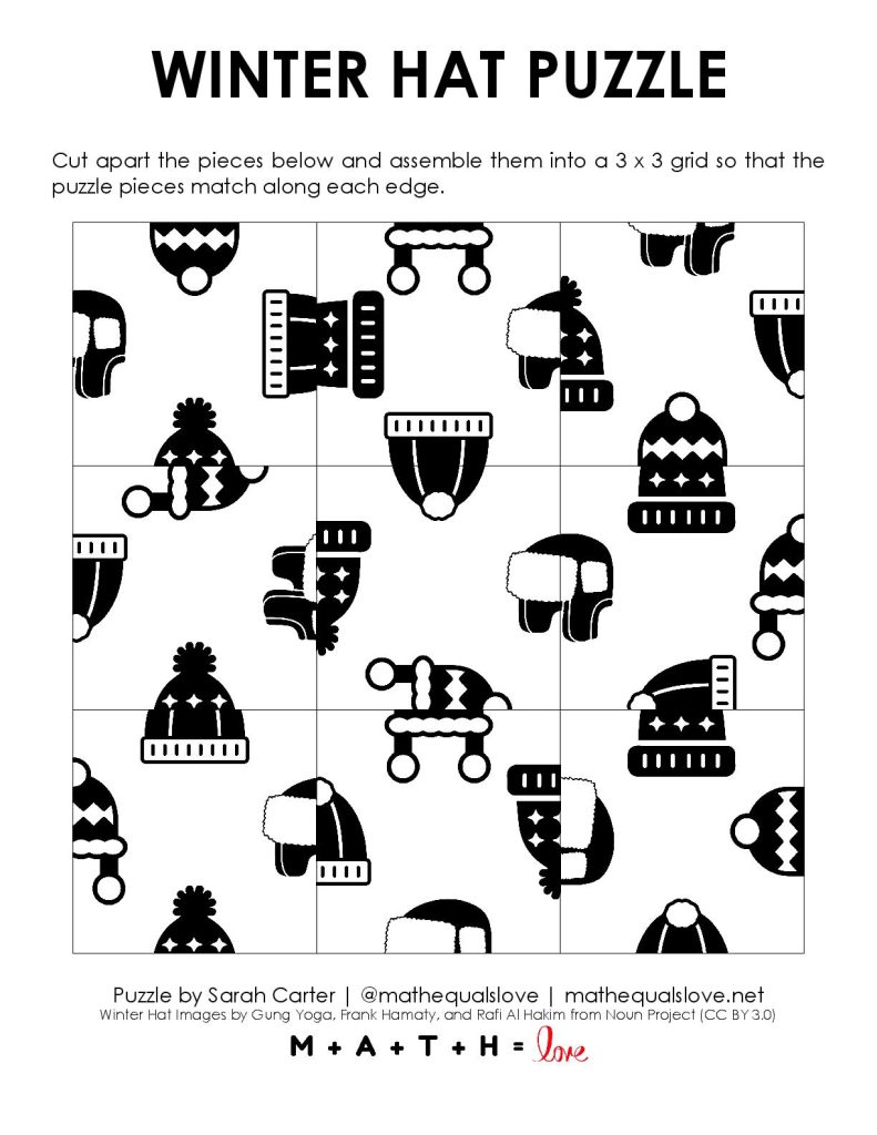 winter hat puzzle screenshot of printable puzzle page. 