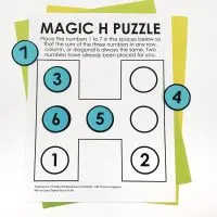 Magic H Puzzle with colored number tiles.