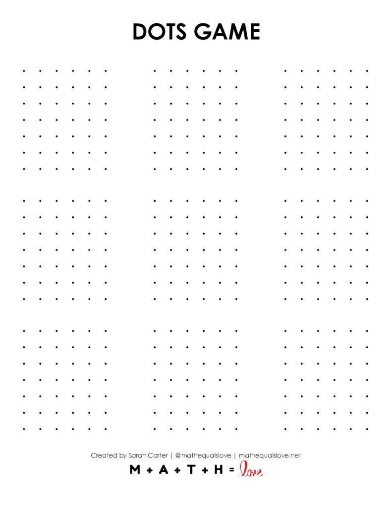 dots game printable with nine smaller dots and boxes game boards to play. 