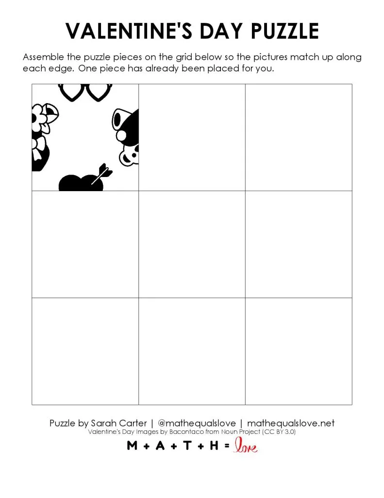 valentine's day square matching puzzle pdf with starting hint. 