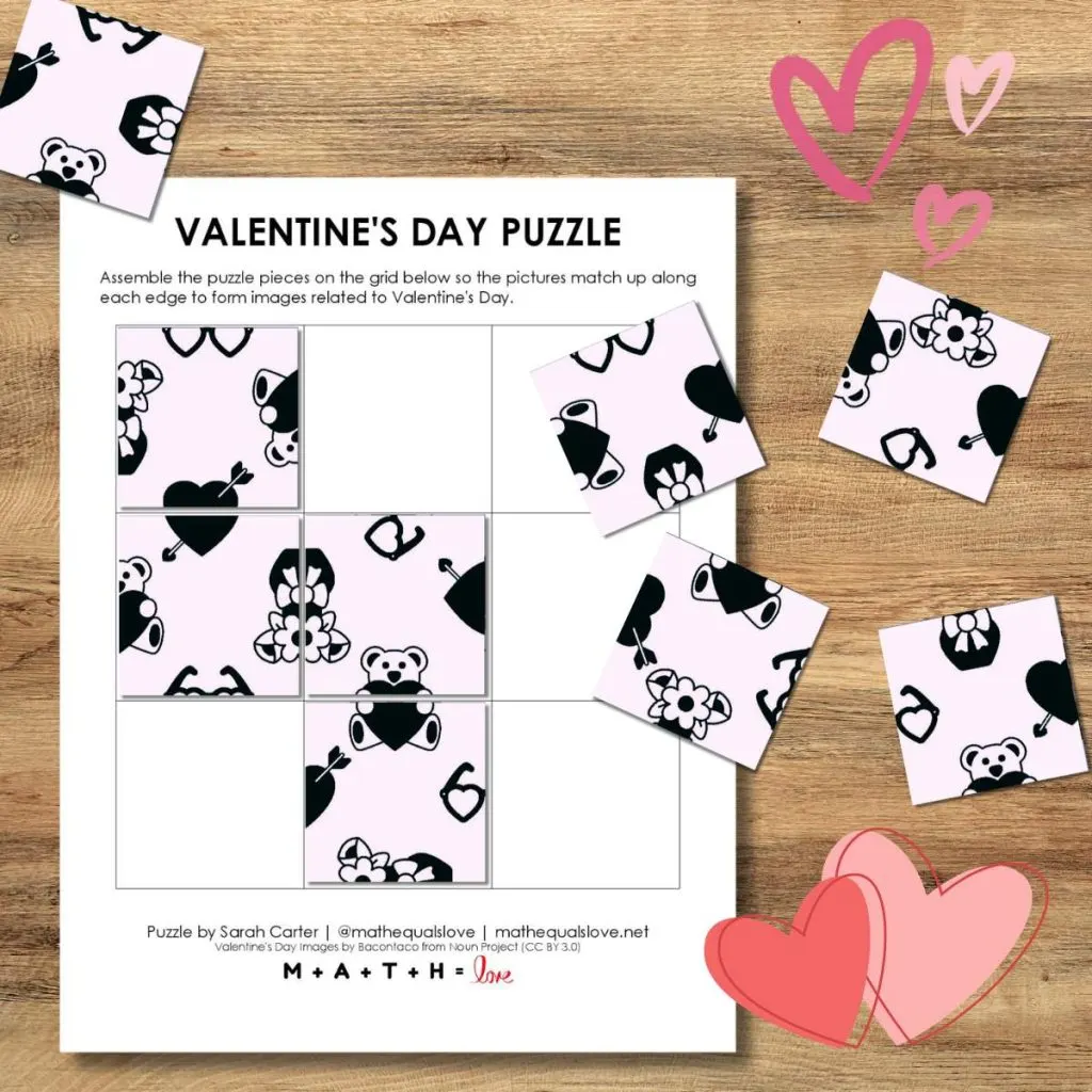 teka-teki pencocokan persegi hari valentine dapat dicetak. 