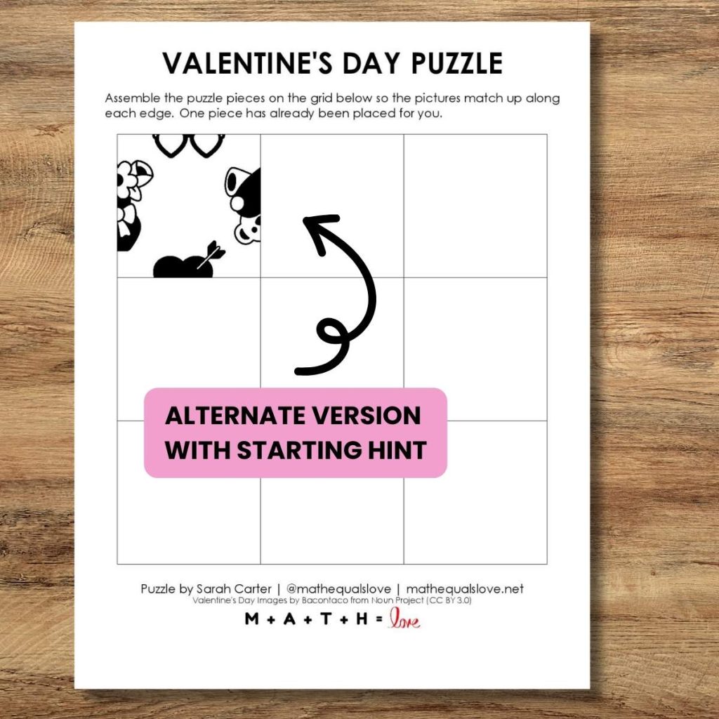 solving hint for valentine's day square matching puzzle. 