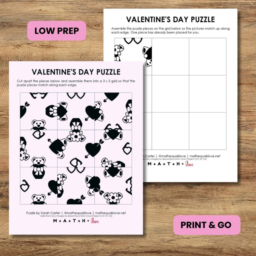 valentine's day square matching puzzle printing options. 