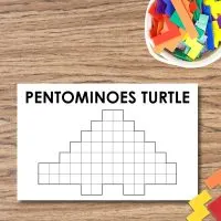 pentominoes turtle puzzle with bowl of pentominoes next to it.