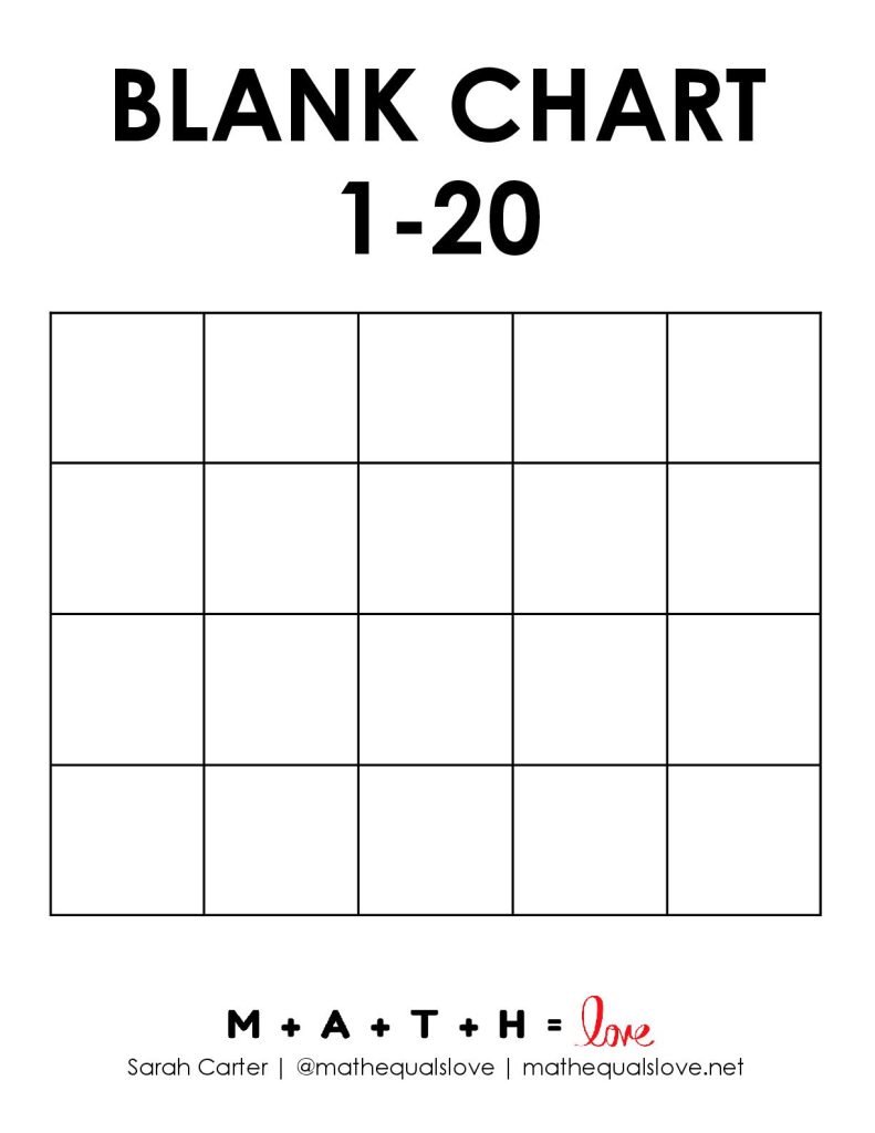 Blank 1-20 Number Chart with no numbers filled in. 