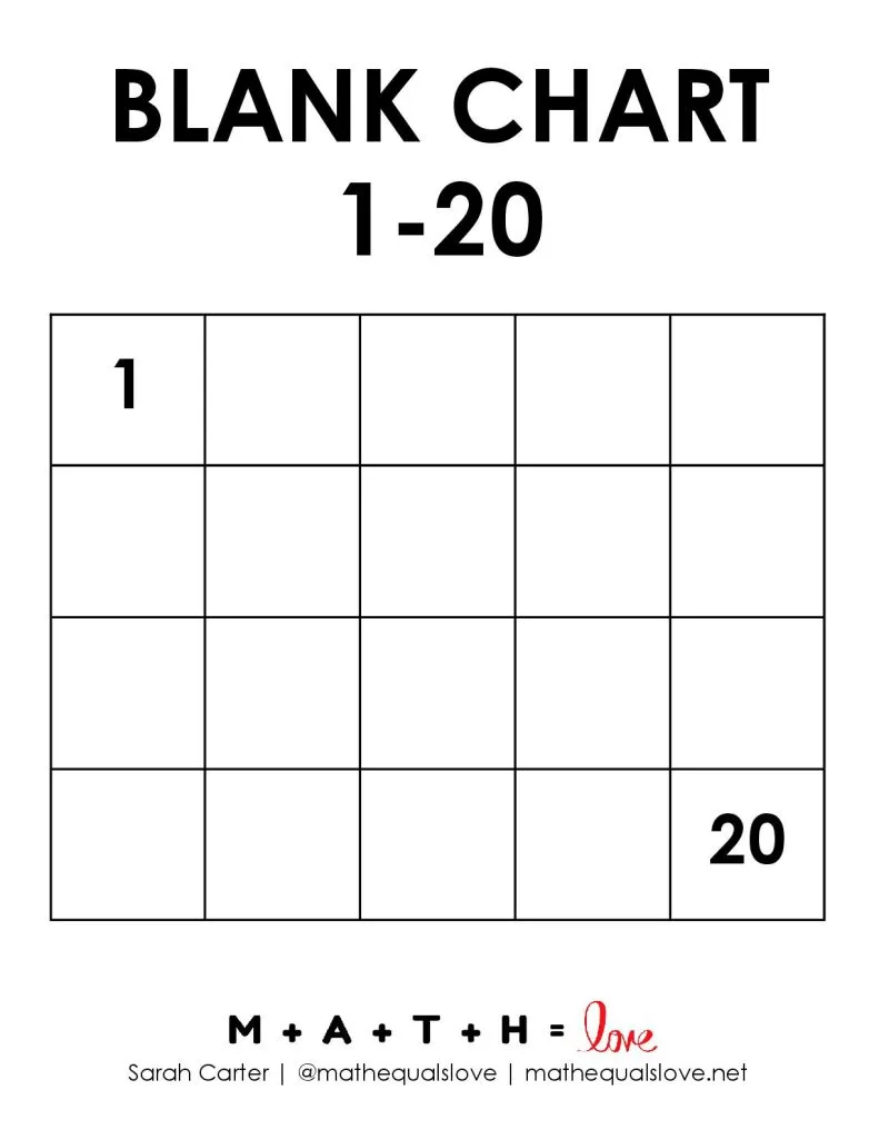 Blank 1-20 Number Chart with 1 and 20 filled in. 