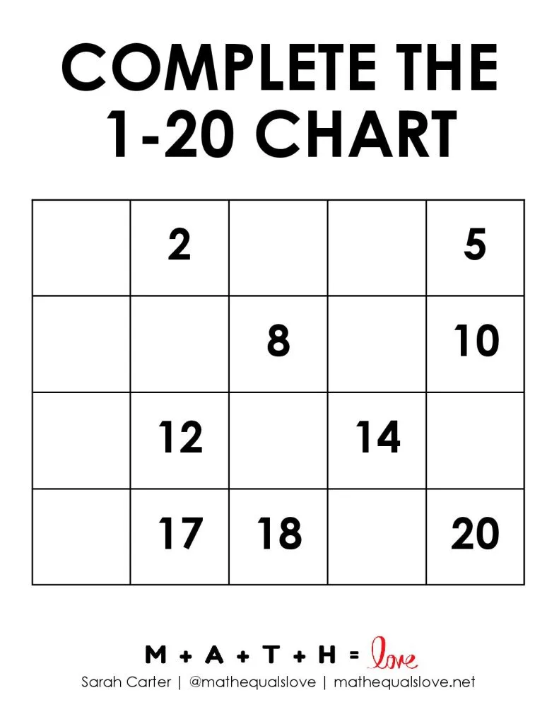 Fill in the Blank Number Chart 1-20 Version A