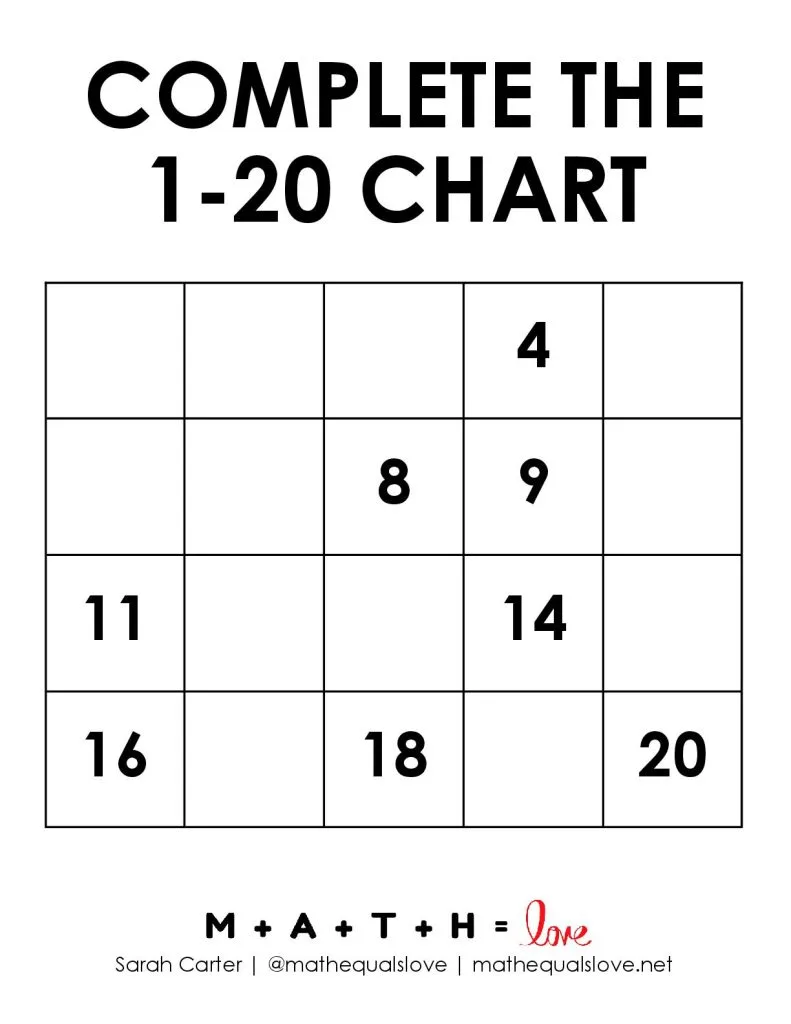 Fill in the Blank Number Chart 1-20 Version B. 