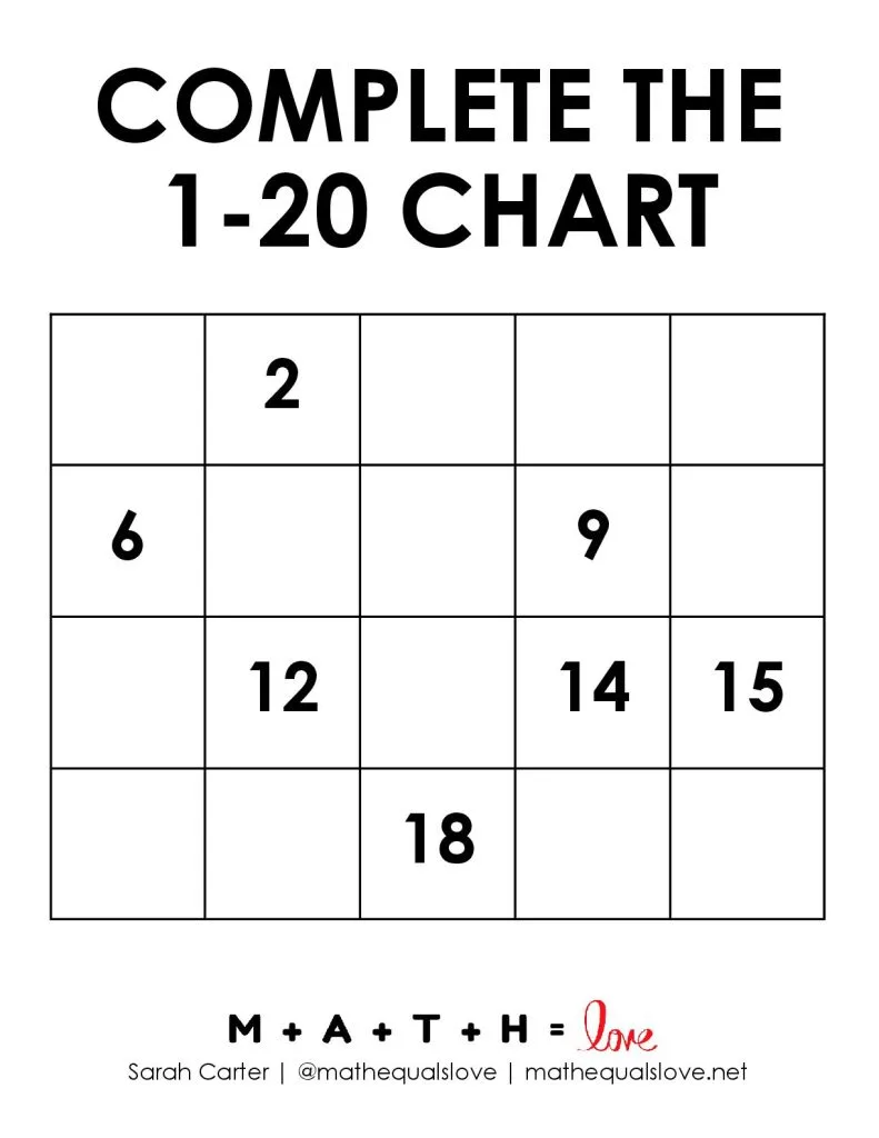 Fill in the Blank Number Chart 1-20 Version C. 