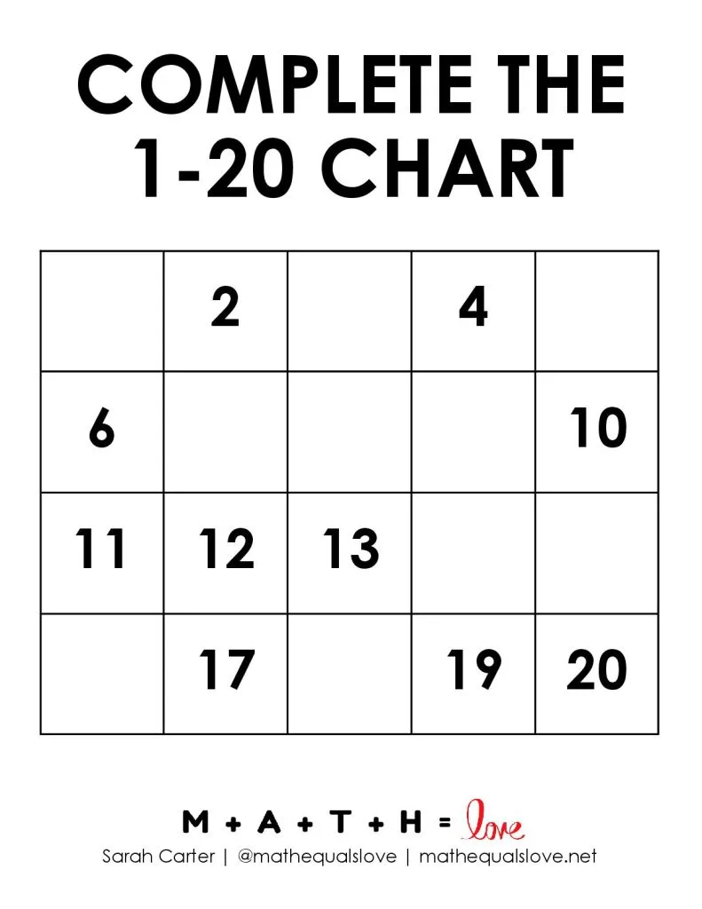 Fill in the Blank 1-20 Number Chart Version D. 