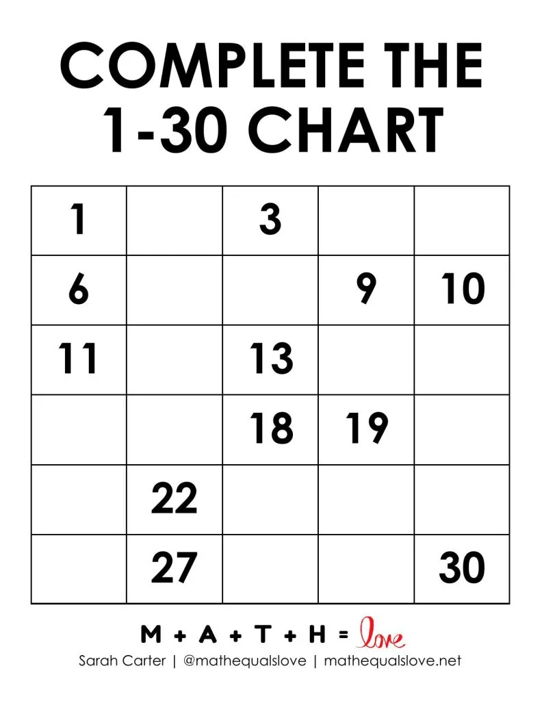 1-30 chart with fill in the blanks version A. 