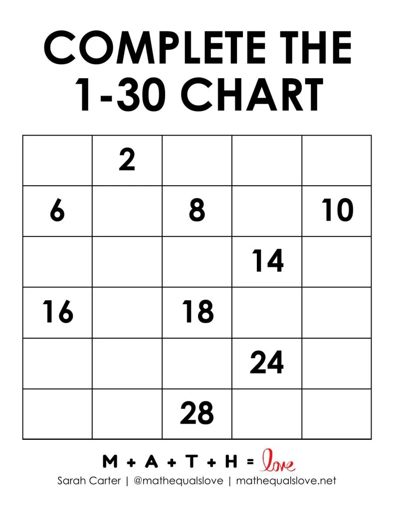 complete the 1-30 chart with fill in the blanks version c. 