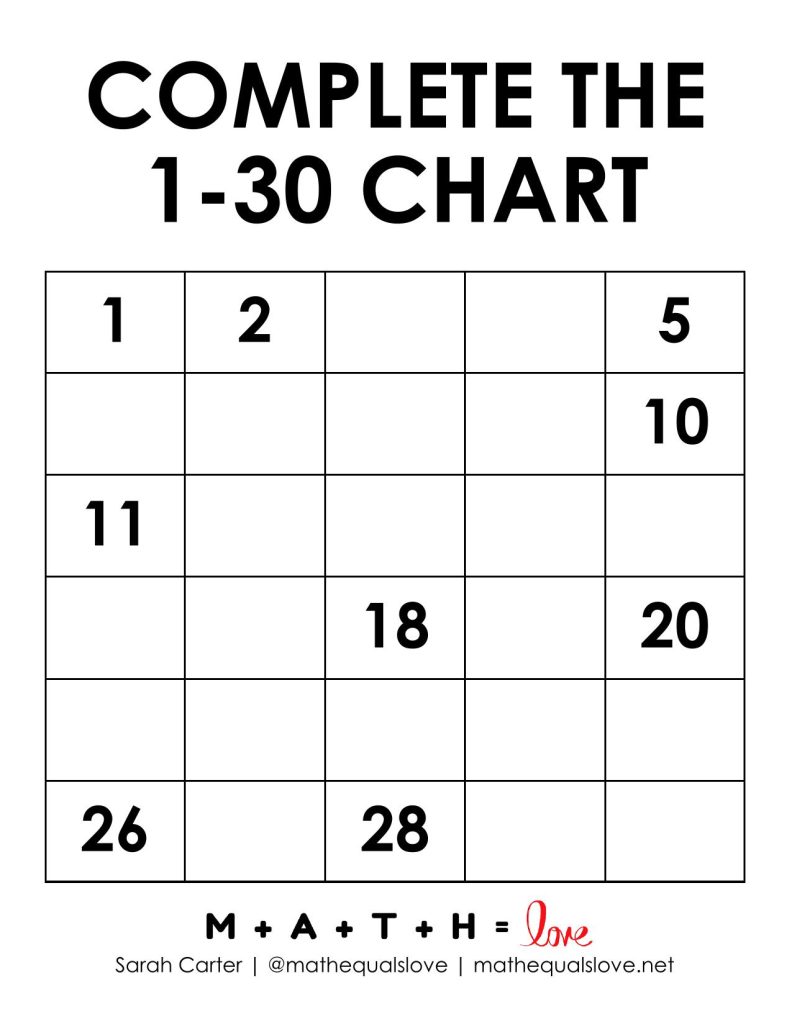 fill in the blanks 1-30 chart. version d. 