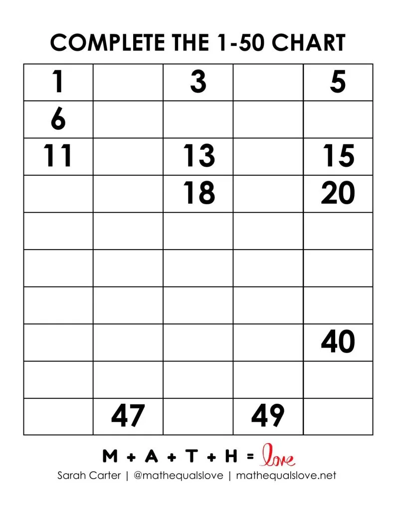 1-50 number chart with fill in the blanks version a. 