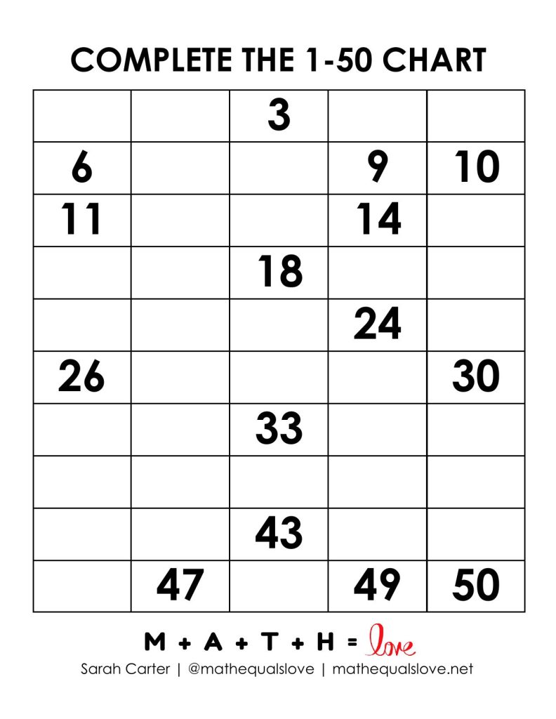 1-50 number chart with fill in the blanks. version c. 