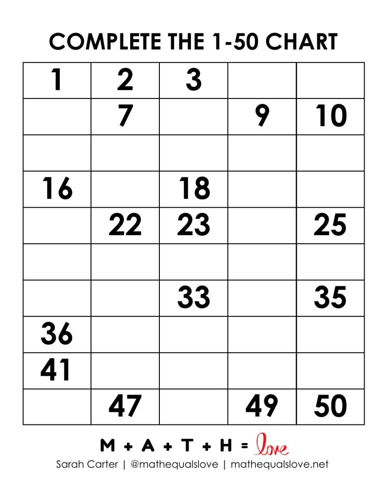 complete the 1-50 chart with fill in the blanks. version d. 