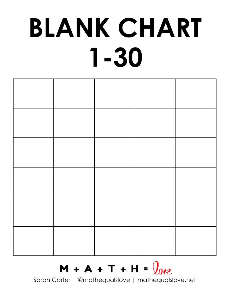 blank 1-30 chart with all boxes completely blank. 
