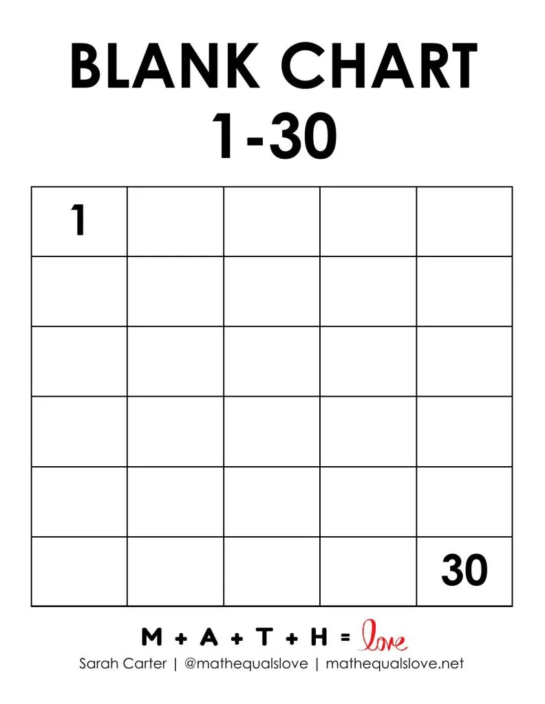 1-30 blank chart with 1 and 30 already filled in. 