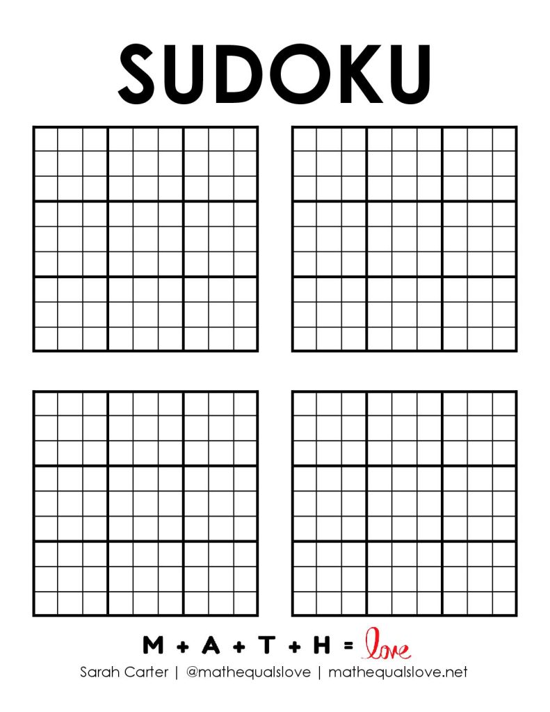Page with 4 small blank sudoku grids. Printable PDF template. 