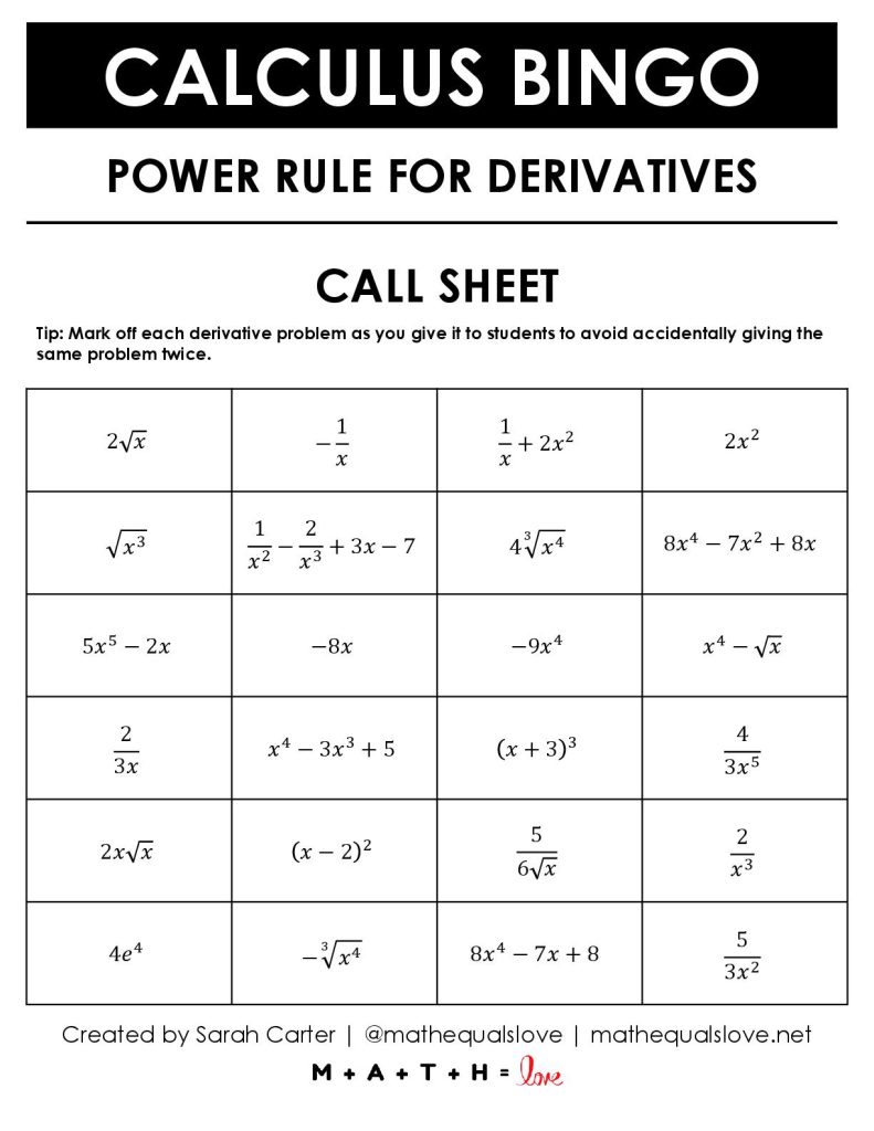 Calculus Power Rule for Derivatives Bingo Call Sheet without Solutions. 