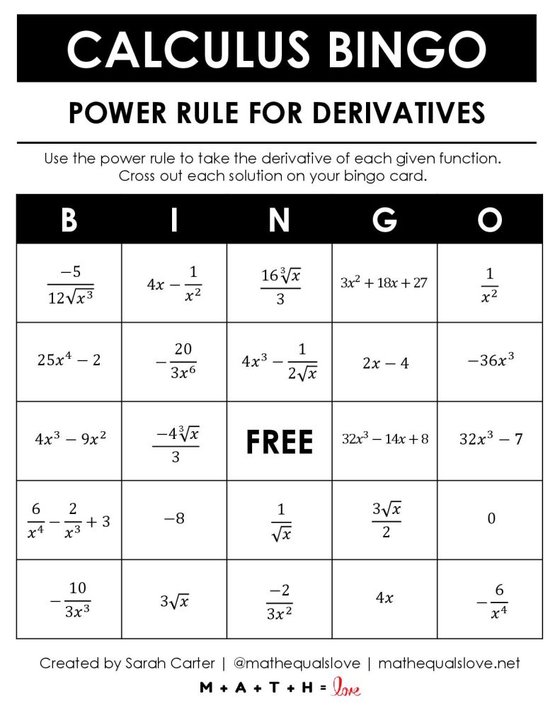 Example Bingo Card for Calculus Derivative Power Rule. 