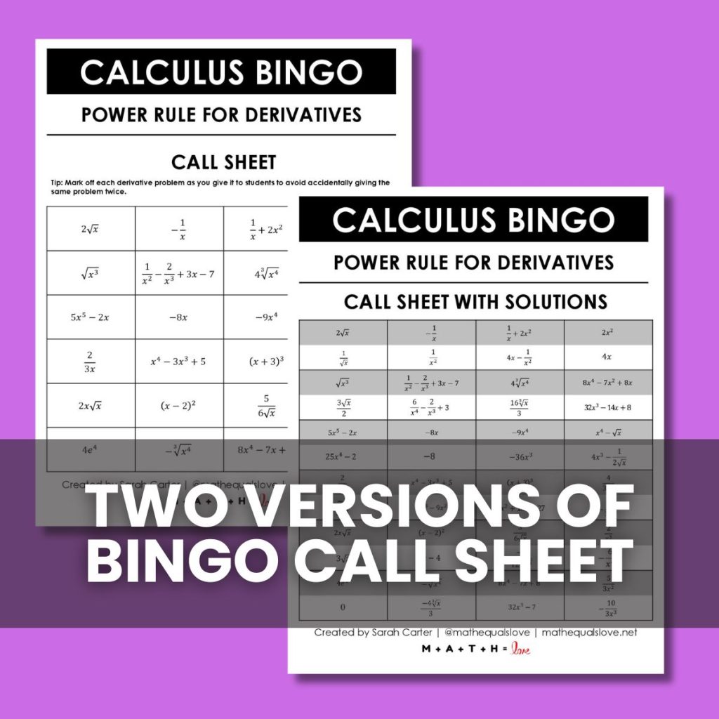 Bingo Call Sheets for Calculus Derivatives Power Rule Bingo 