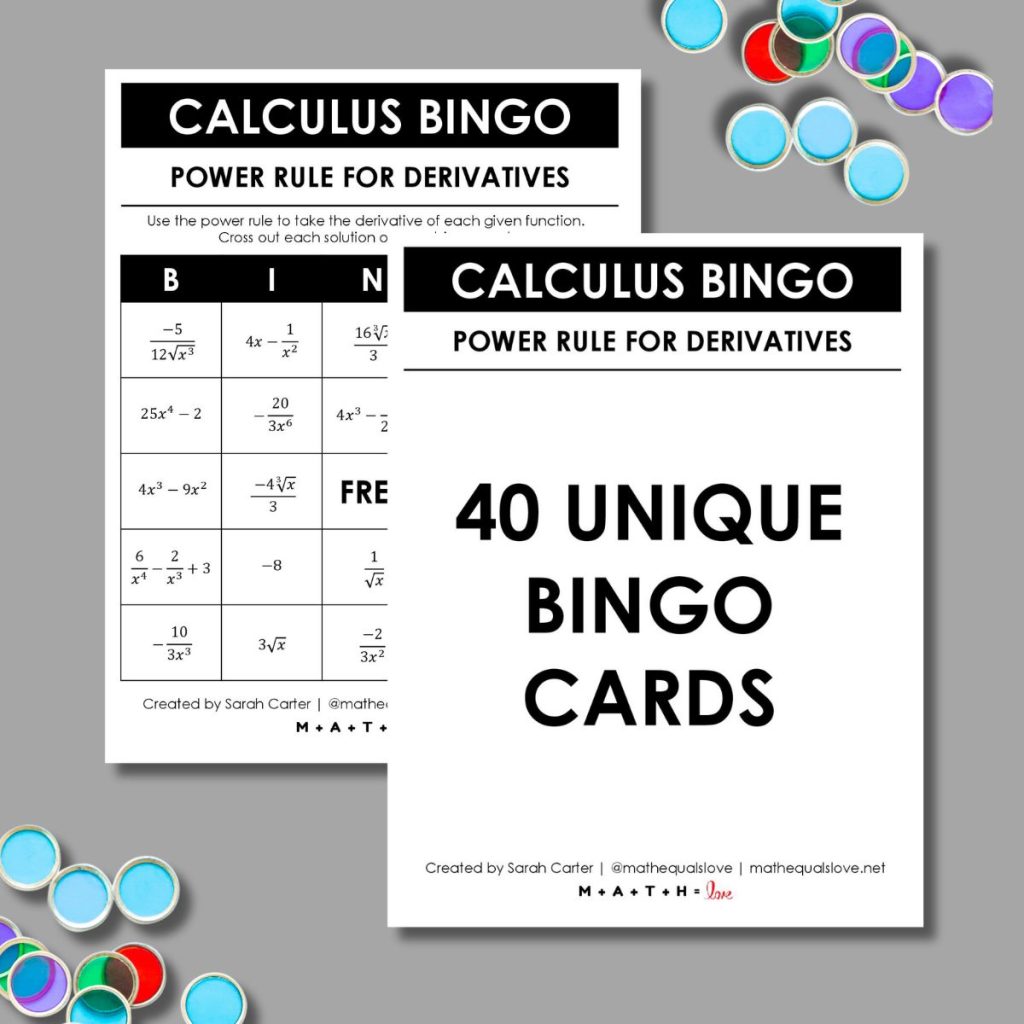 Calculus Derivative Bingo with Power Rule - 40 Unique Bingo Cards. 