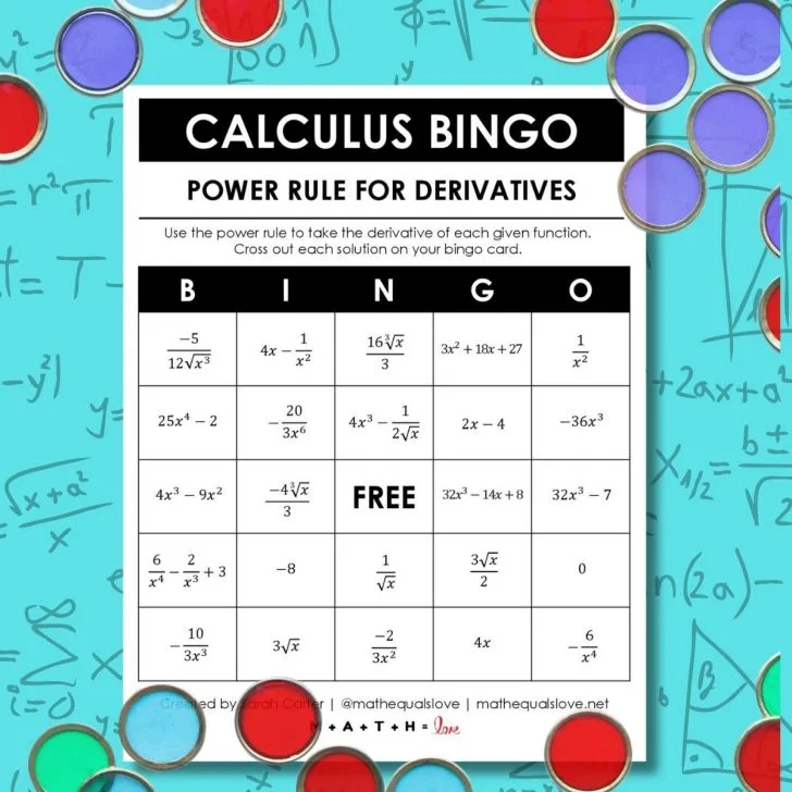 Calculus Power Rule for Derivatives Bingo Game Activity.