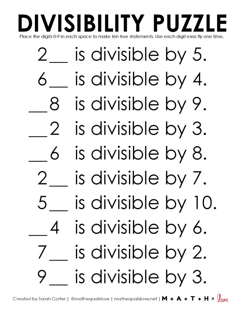 Divisibility Puzzle blank. 
