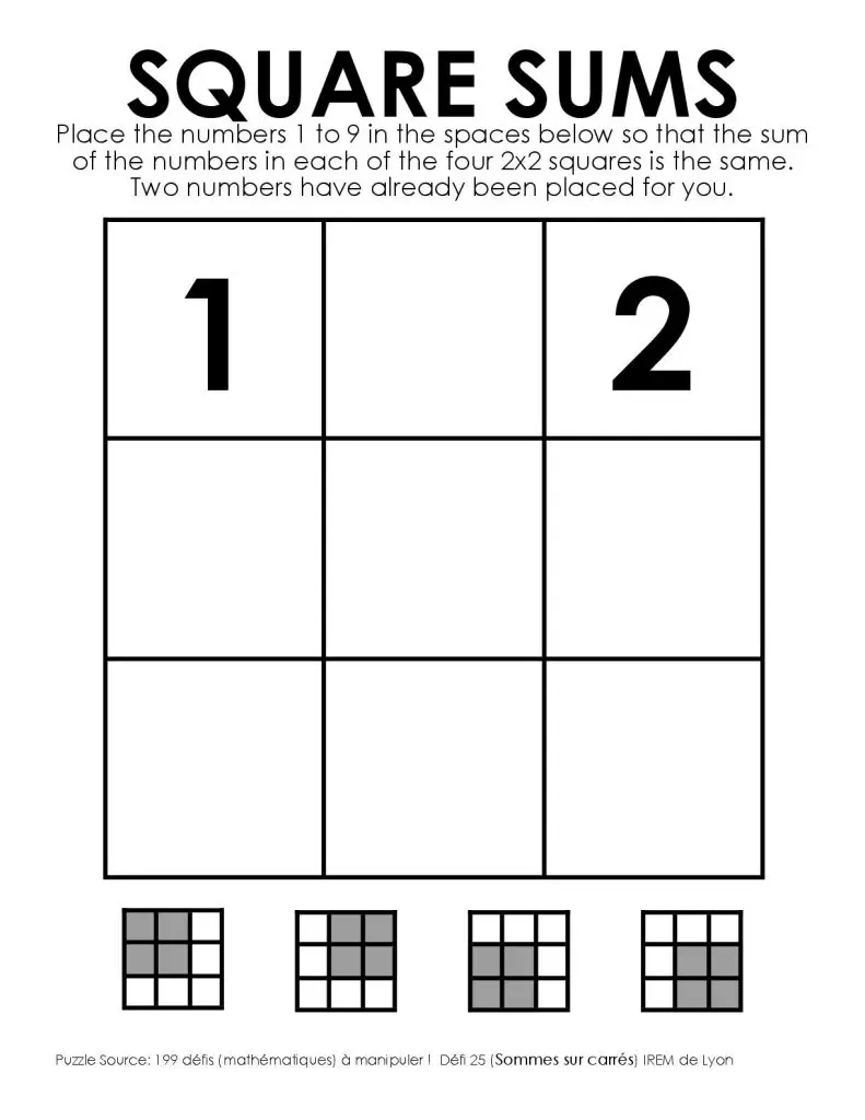 square sums puzzle screenshot. 