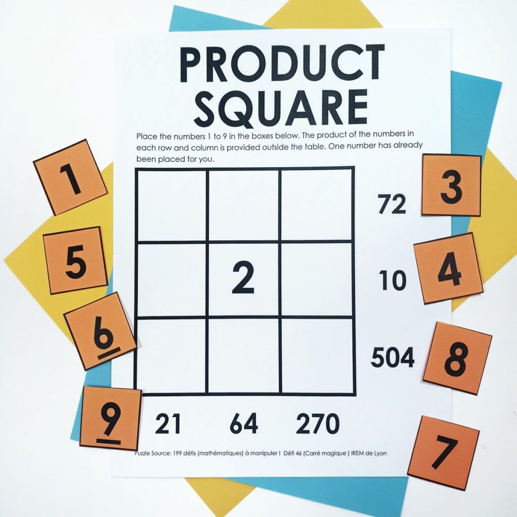 product square puzzle with 1-9 number tiles. 