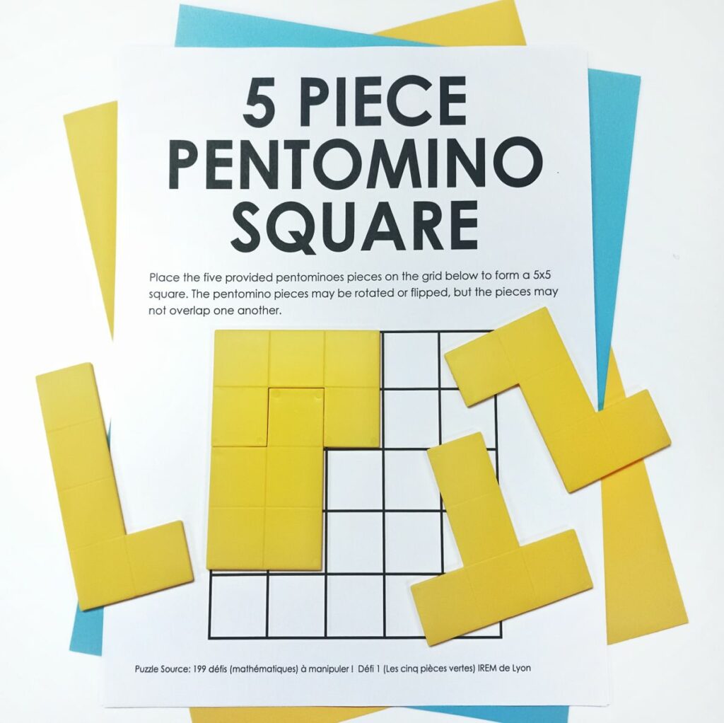 pentomino square puzzle with 5 pentominoes on top. 